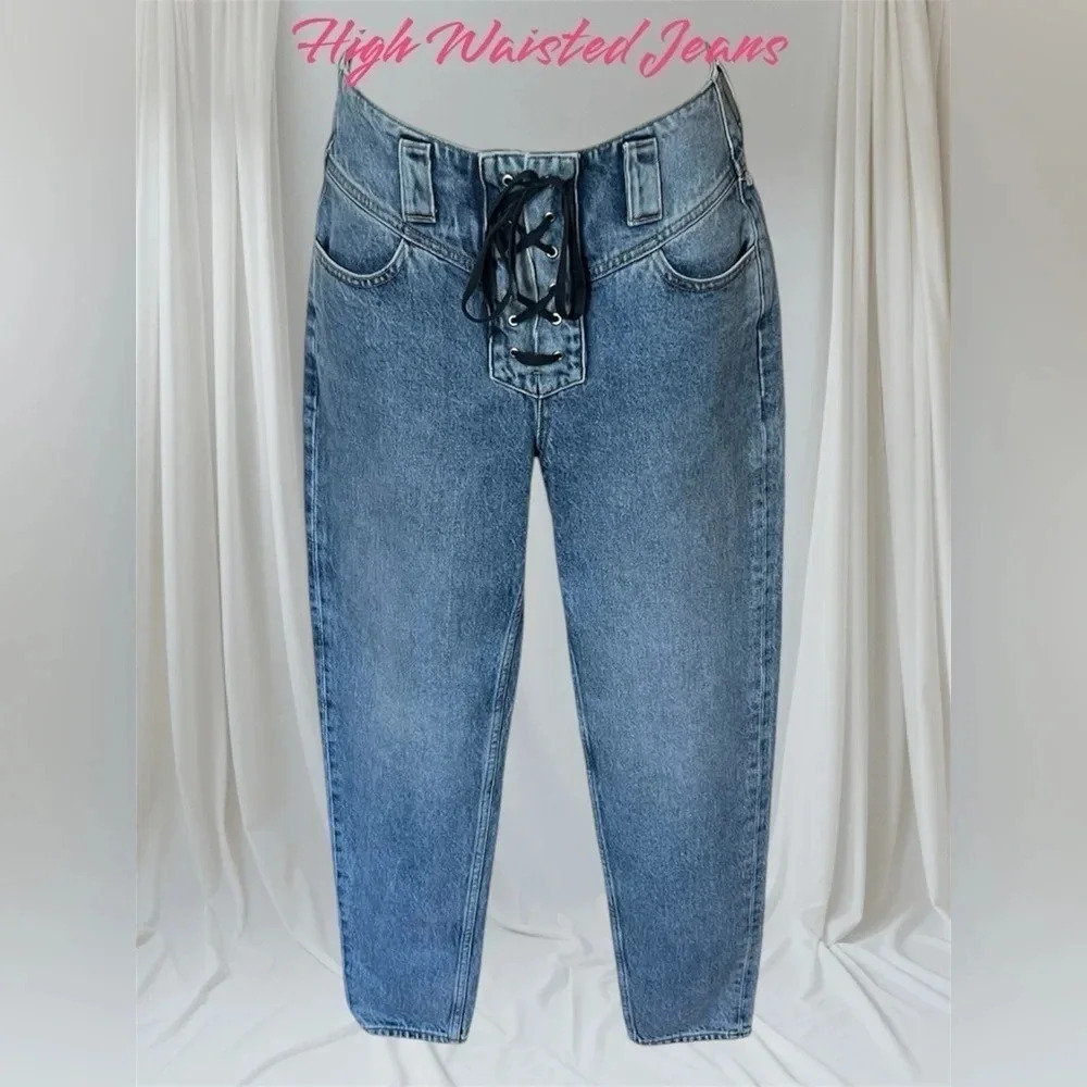 High Waisted Jeans with Zipper & Lace-Up Front